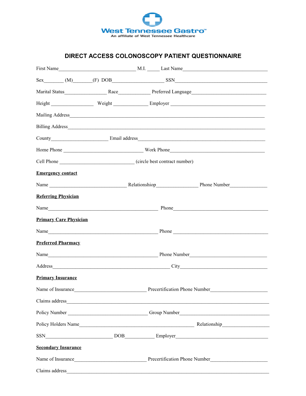 Direct Access Colonoscopy Patient Questionnaire