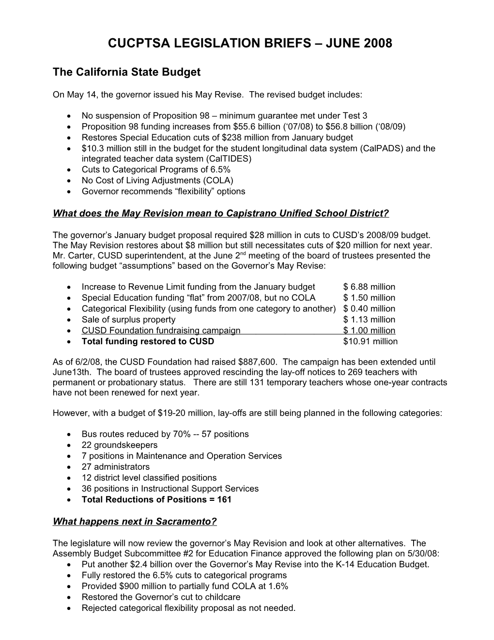 PTA Legislative Update the California State Budget