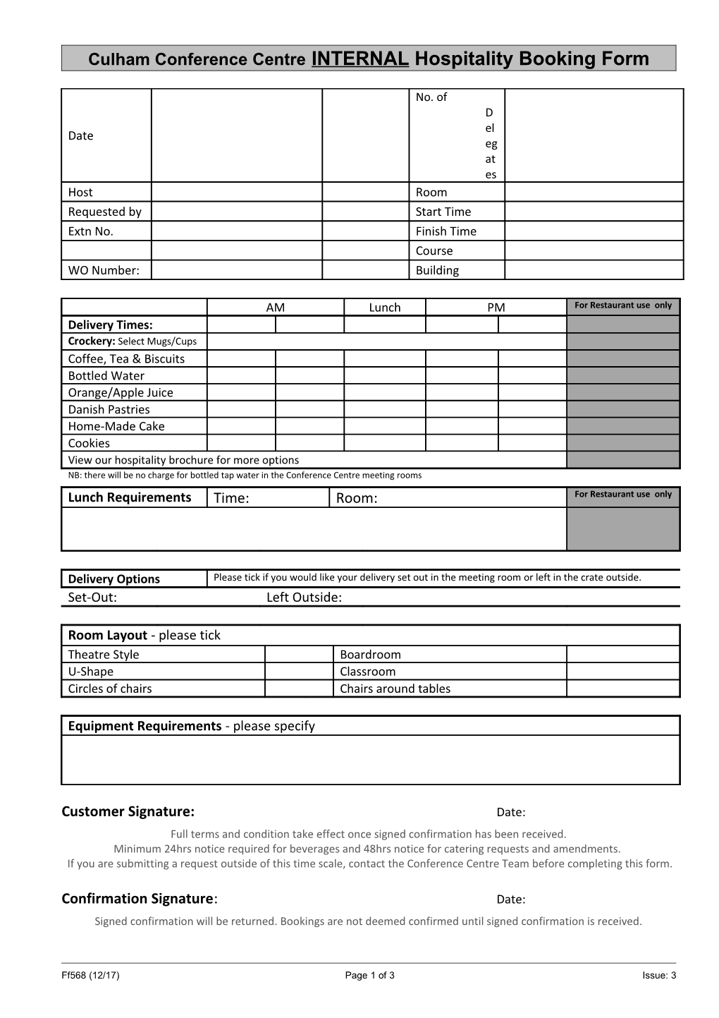 Culham Conference Centre Internal Hospitality Booking Form