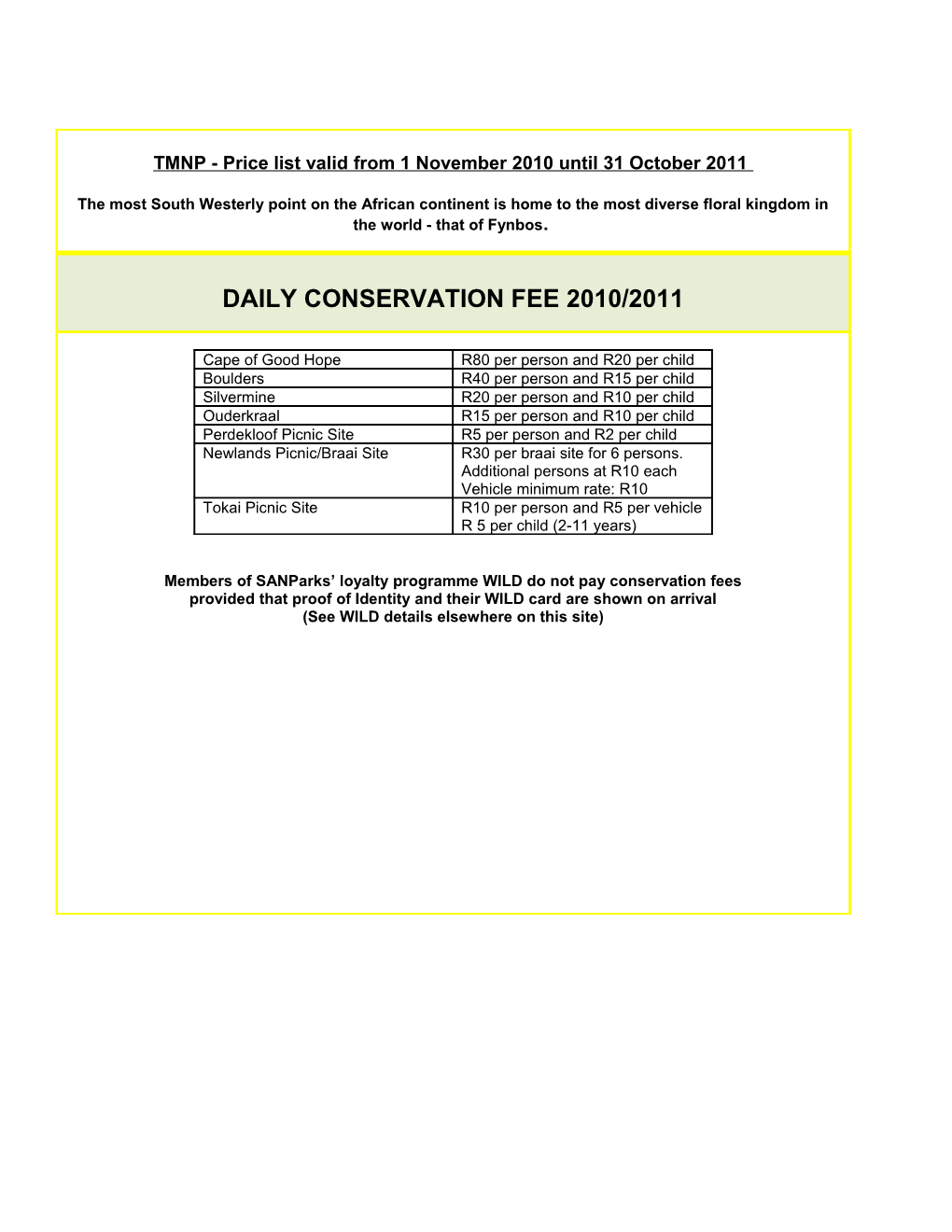 TMNP - Price List Valid from 1 September 2009 Until 31 October 2010
