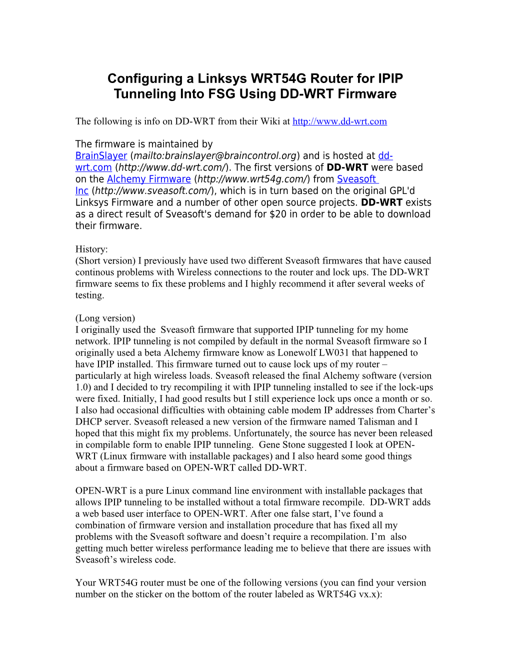 Configuring a Linksys WRT54G Router for IPIP Tunneling Into FSG Using DD-WRT Firmware