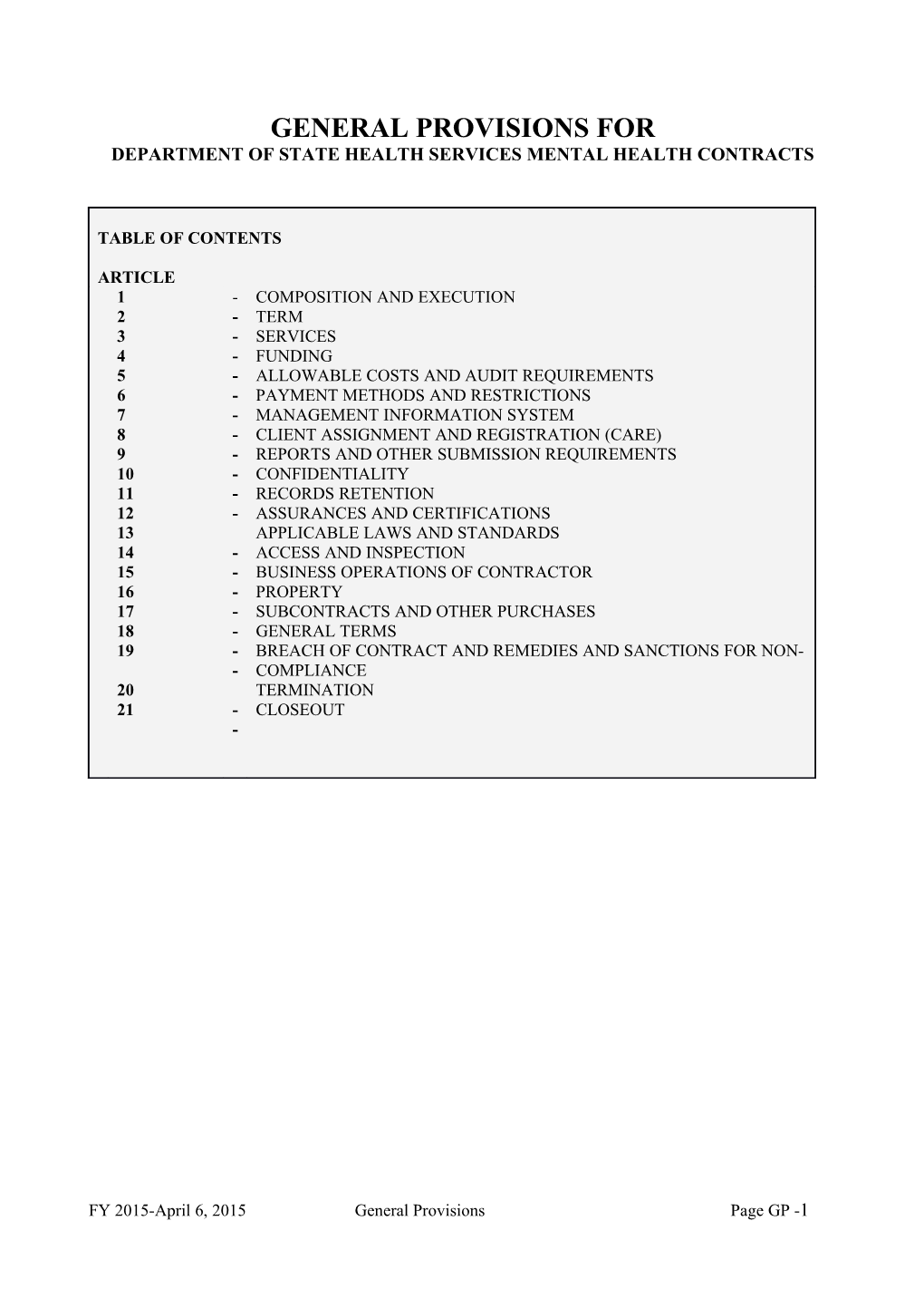 Department of State Health Services Mental Health Contracts