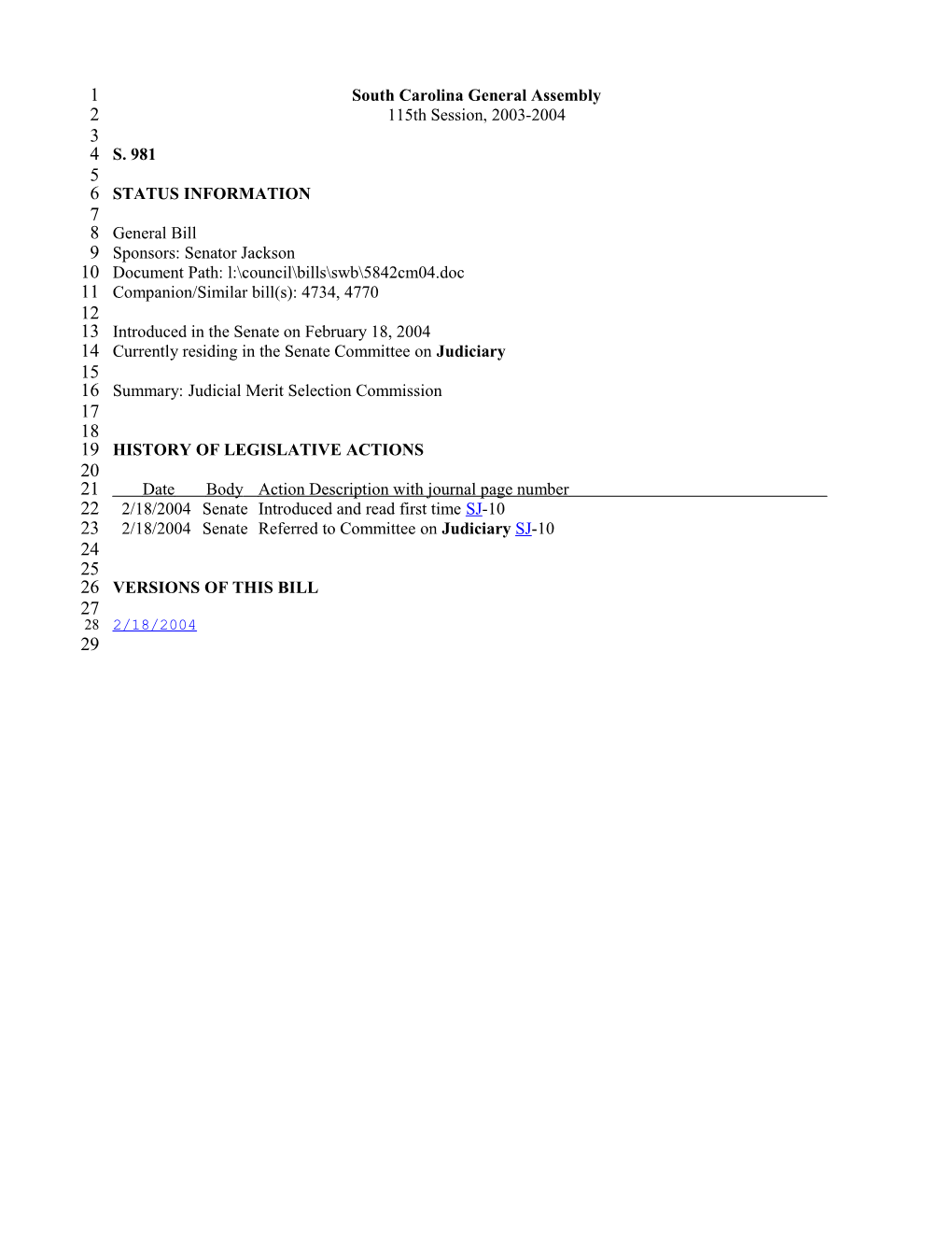 2003-2004 Bill 981: Judicial Merit Selection Commission - South Carolina Legislature Online