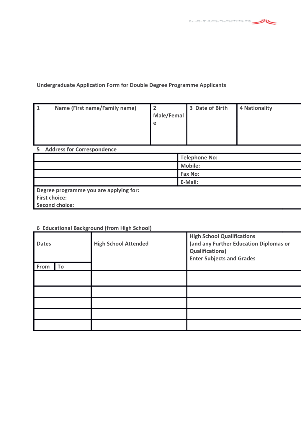 Undergraduate Application Form for Double Degree Programme Applicants