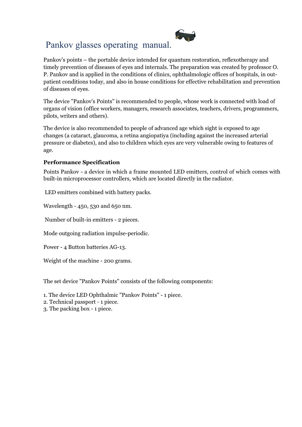 Pankov Glasses Operating Manual