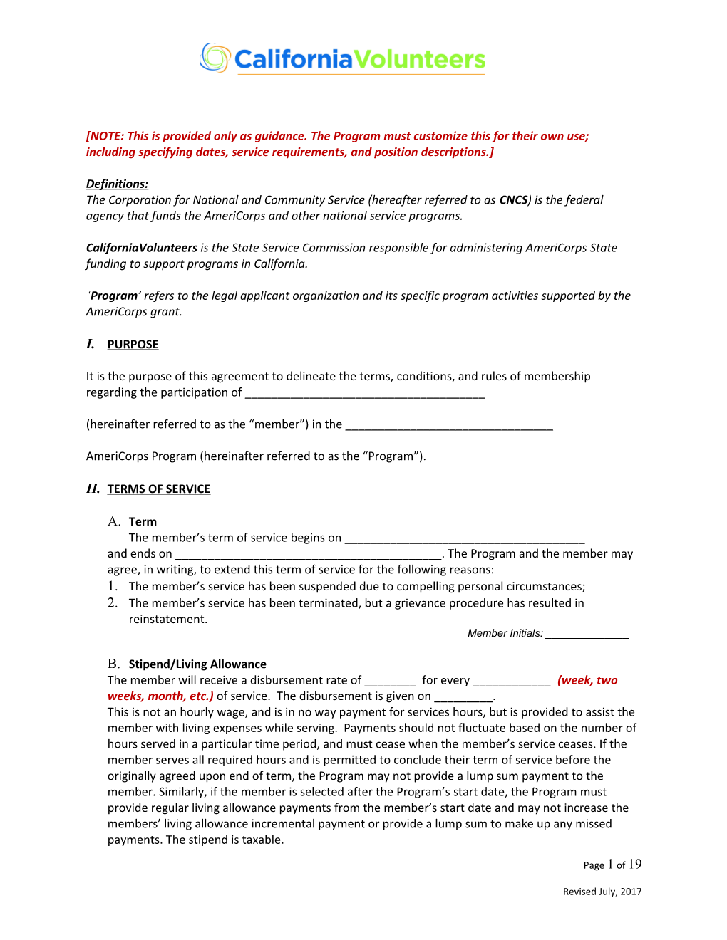 Sample Member Contract for Participation in Americorps