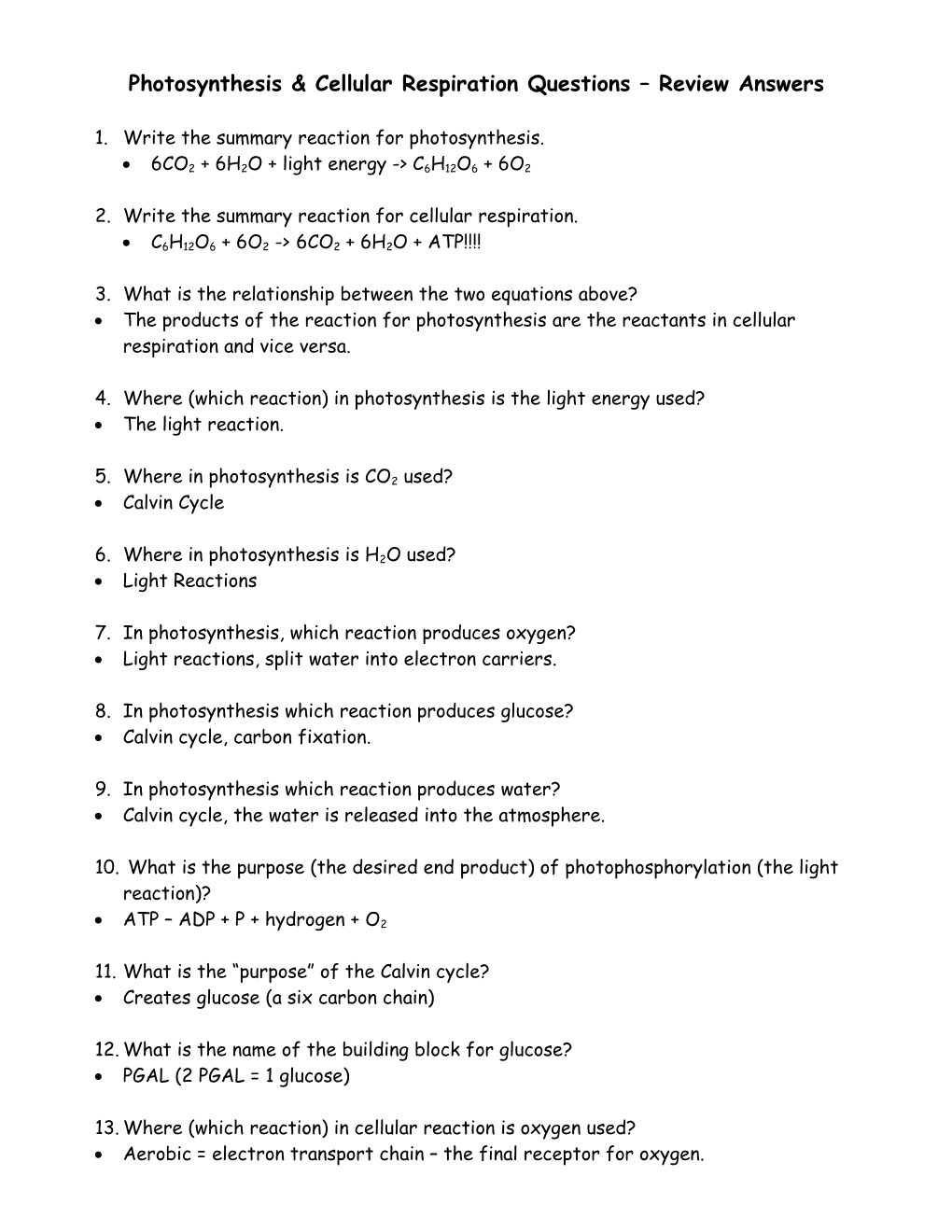 Photosynthesis & Cellular Respiration Questions Review Answers