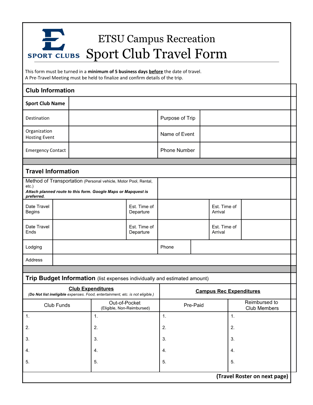 Sport Club Travel Form