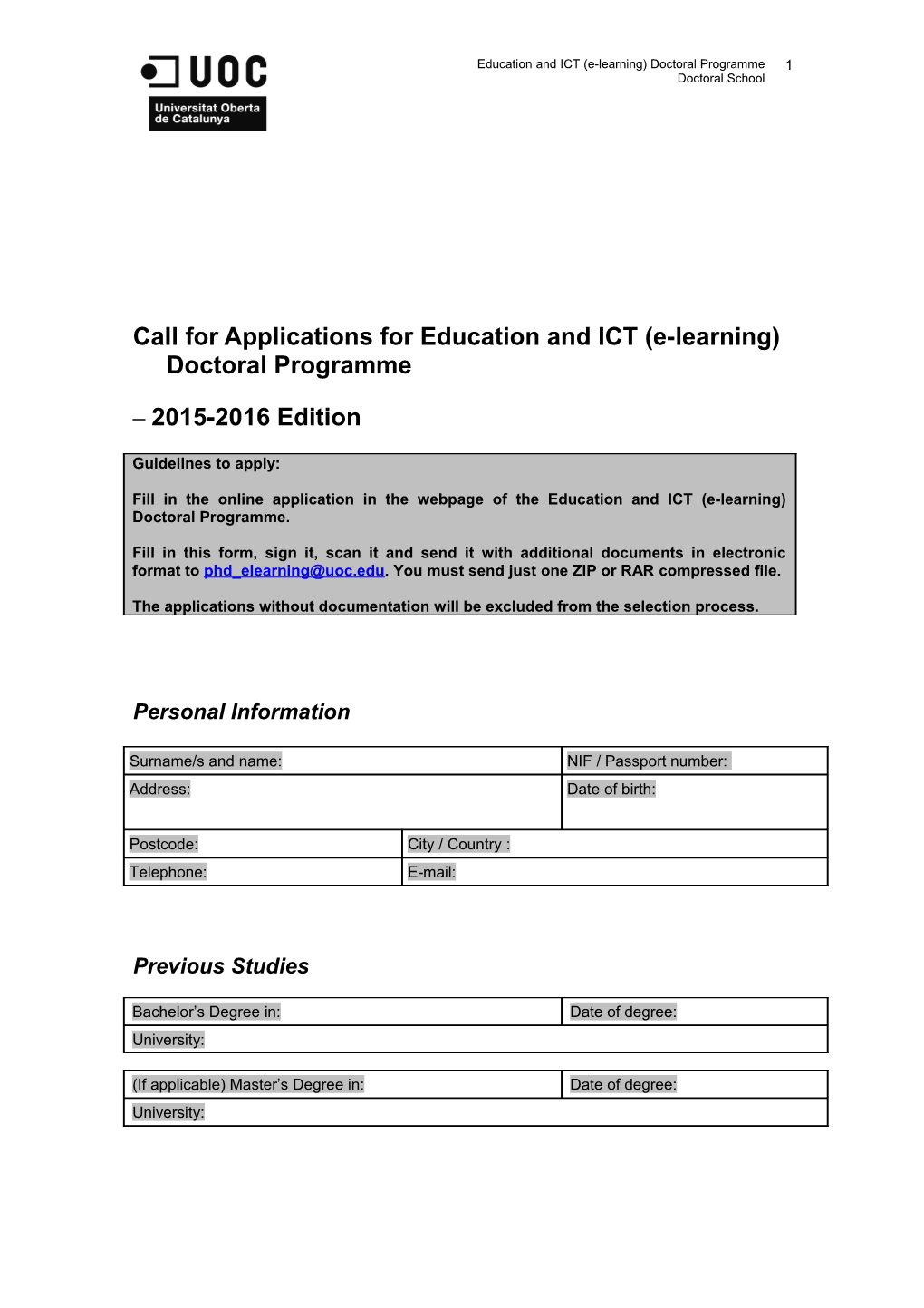 Call for Applications for Education and ICT (E-Learning) Doctoral Programme
