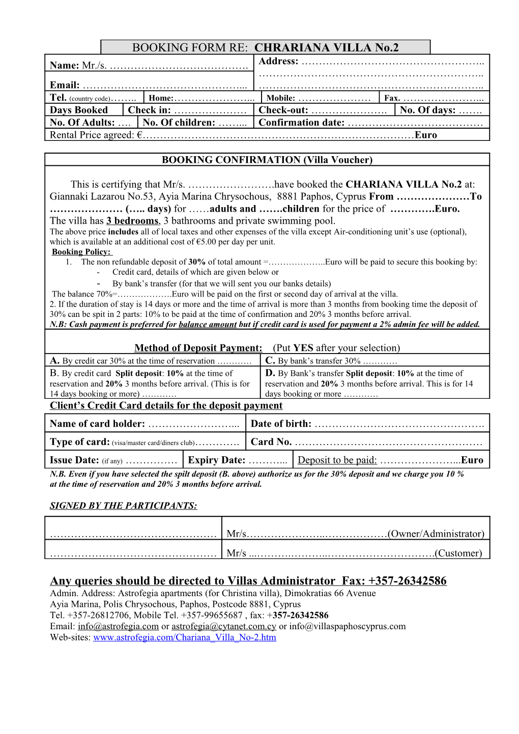 Client S Credit Card Details for the Deposit Payment