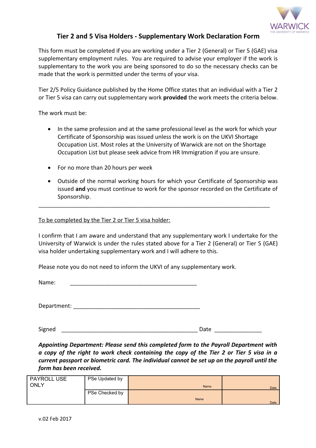 Tier 2 and 5 Visa Holders - Supplementary Work Declaration Form