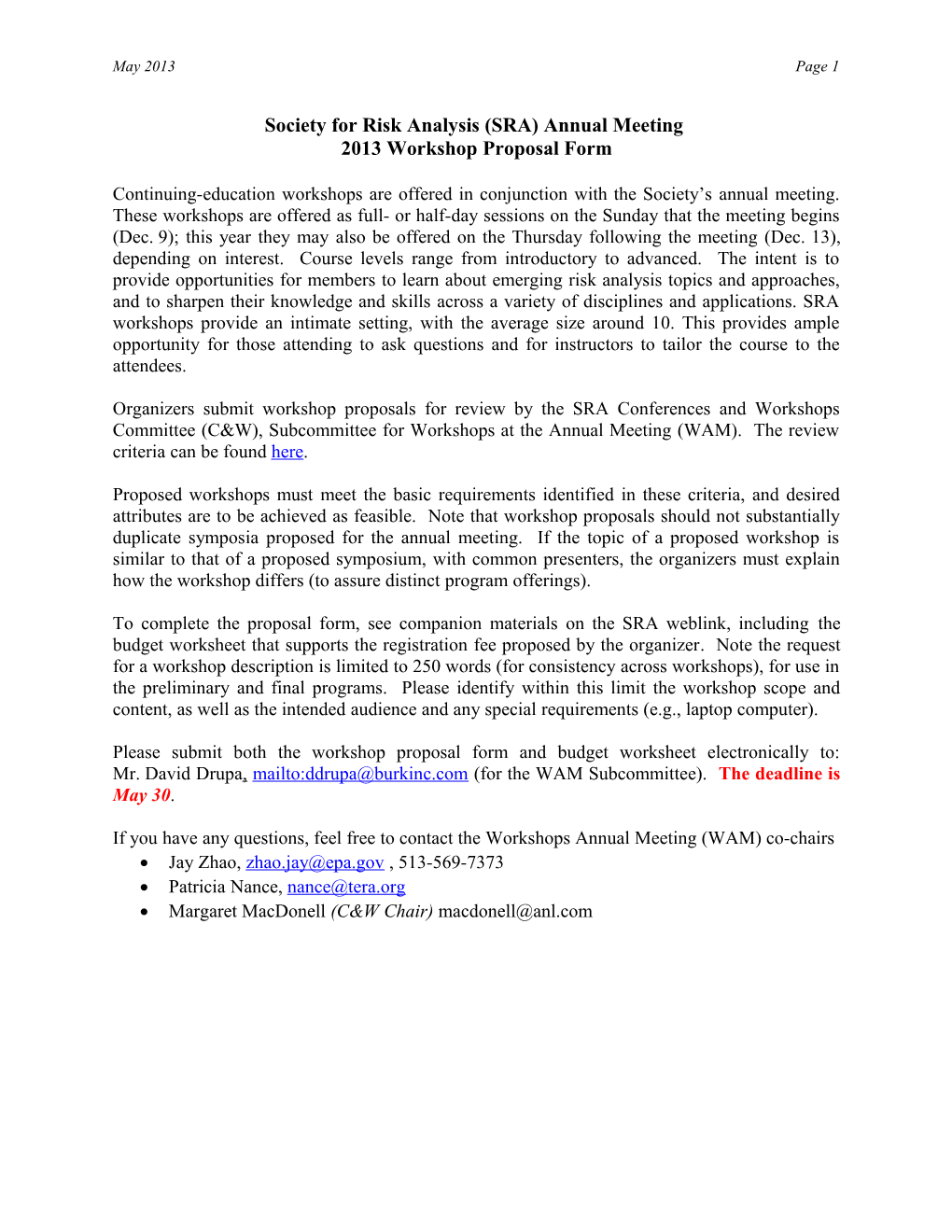 Society for Risk Analysis (SRA) Annual Meeting: Workshop Proposal Form