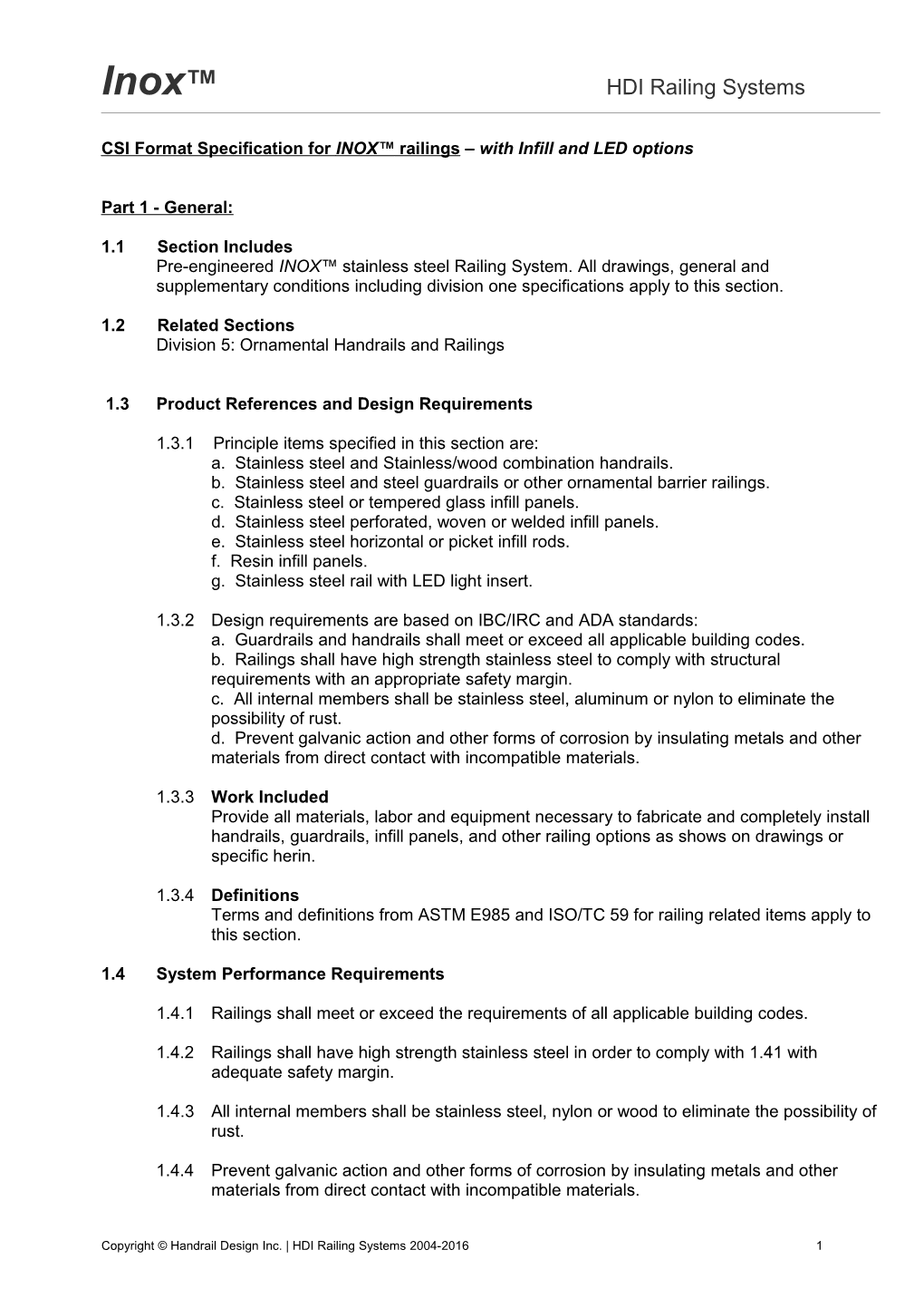 CSI Format Specification for INOX Railings with Infill and LED Options