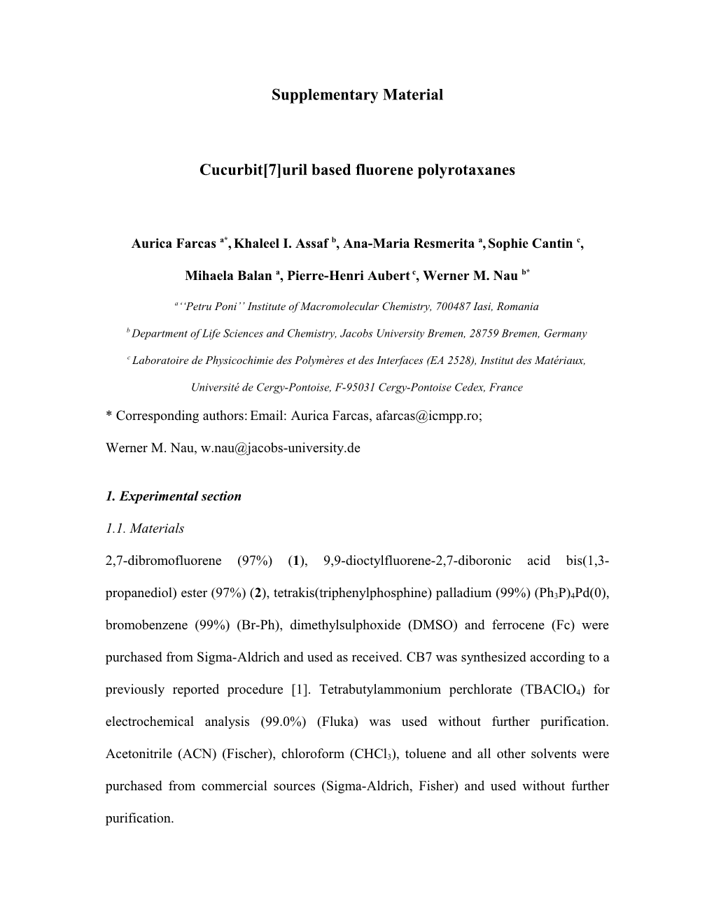 Cucurbit 7 Uril Based Fluorene Polyrotaxanes