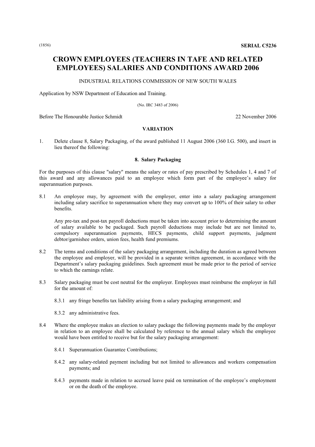 Crown Employees (Teachers in TAFE and Related Employees) Salaries and Conditions Award 2006