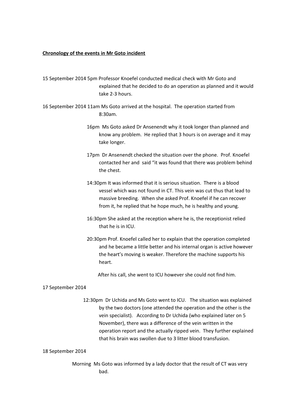 Chronology of the Events in Mr Goto Incident