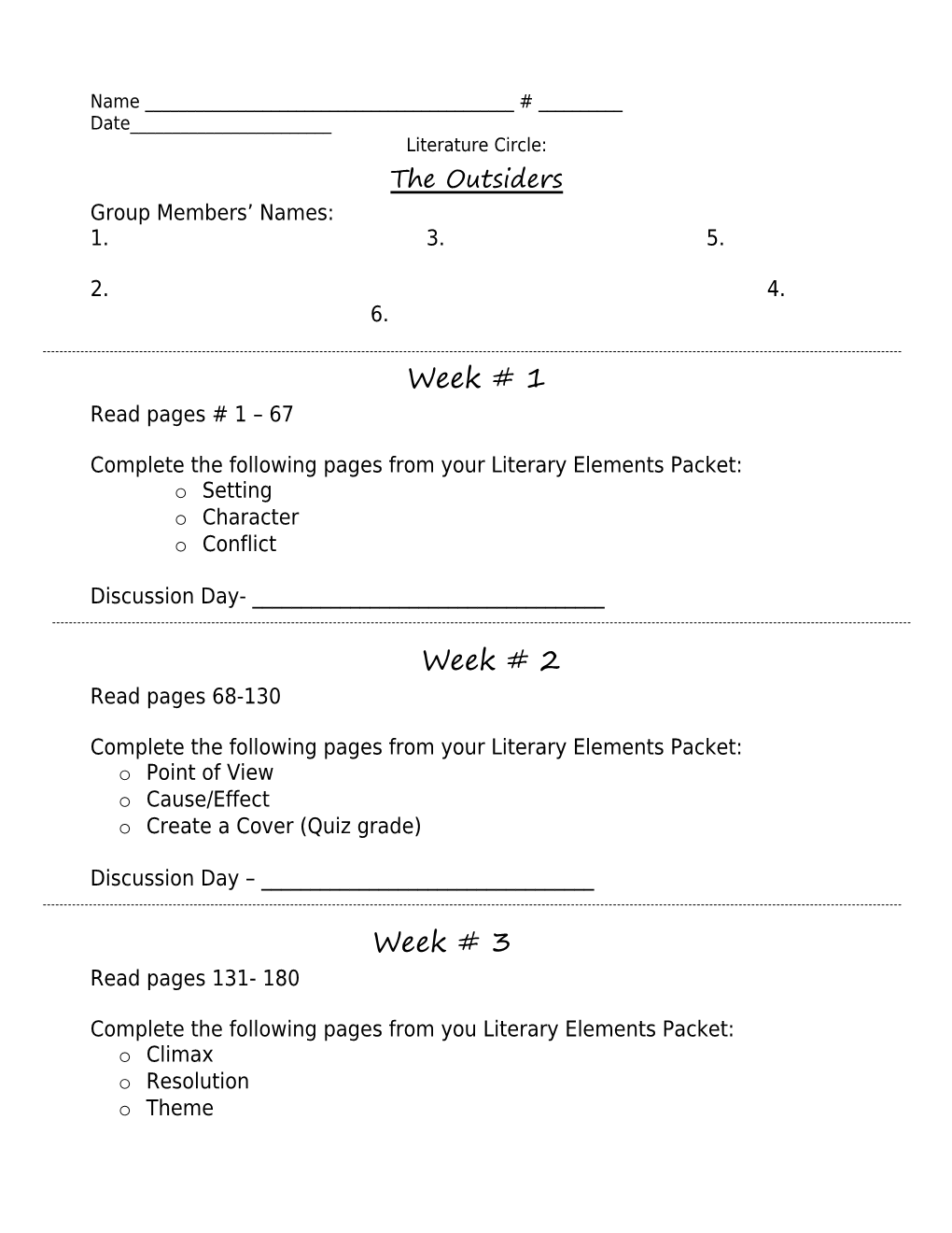 Complete the Following Pages from Your Literary Elements Packet