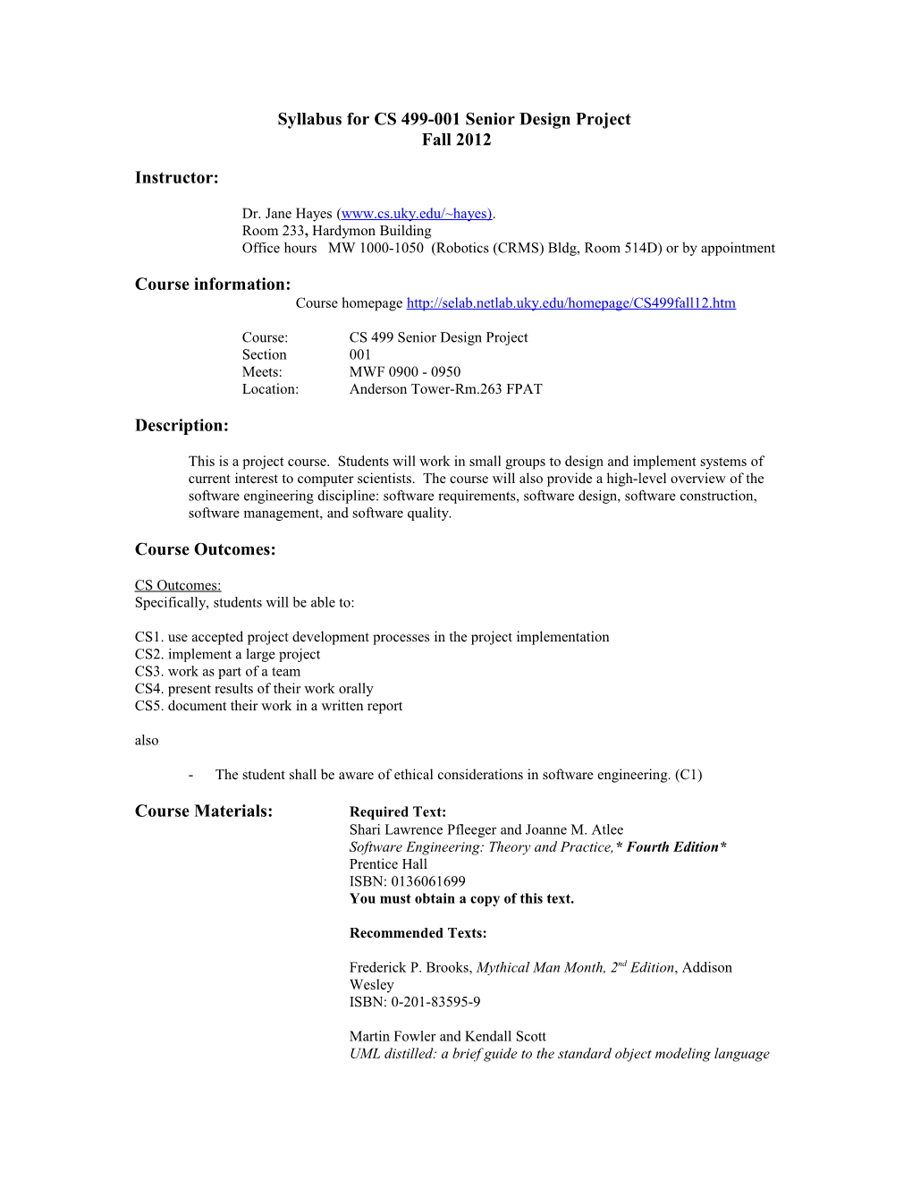 Syllabus for CS 650 Problems Seminar - Software Engineering s1