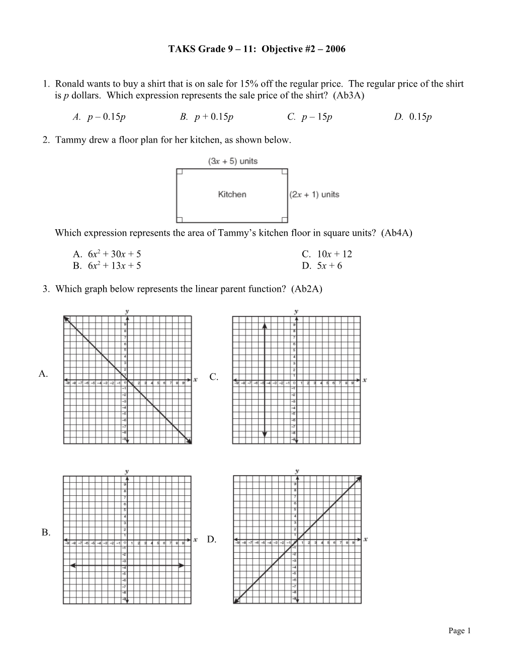 Grade 9 Objective #1 Practice Released TAKS Tests