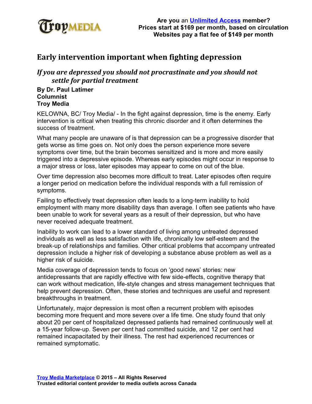 Early Intervention Important When Fighting Depression