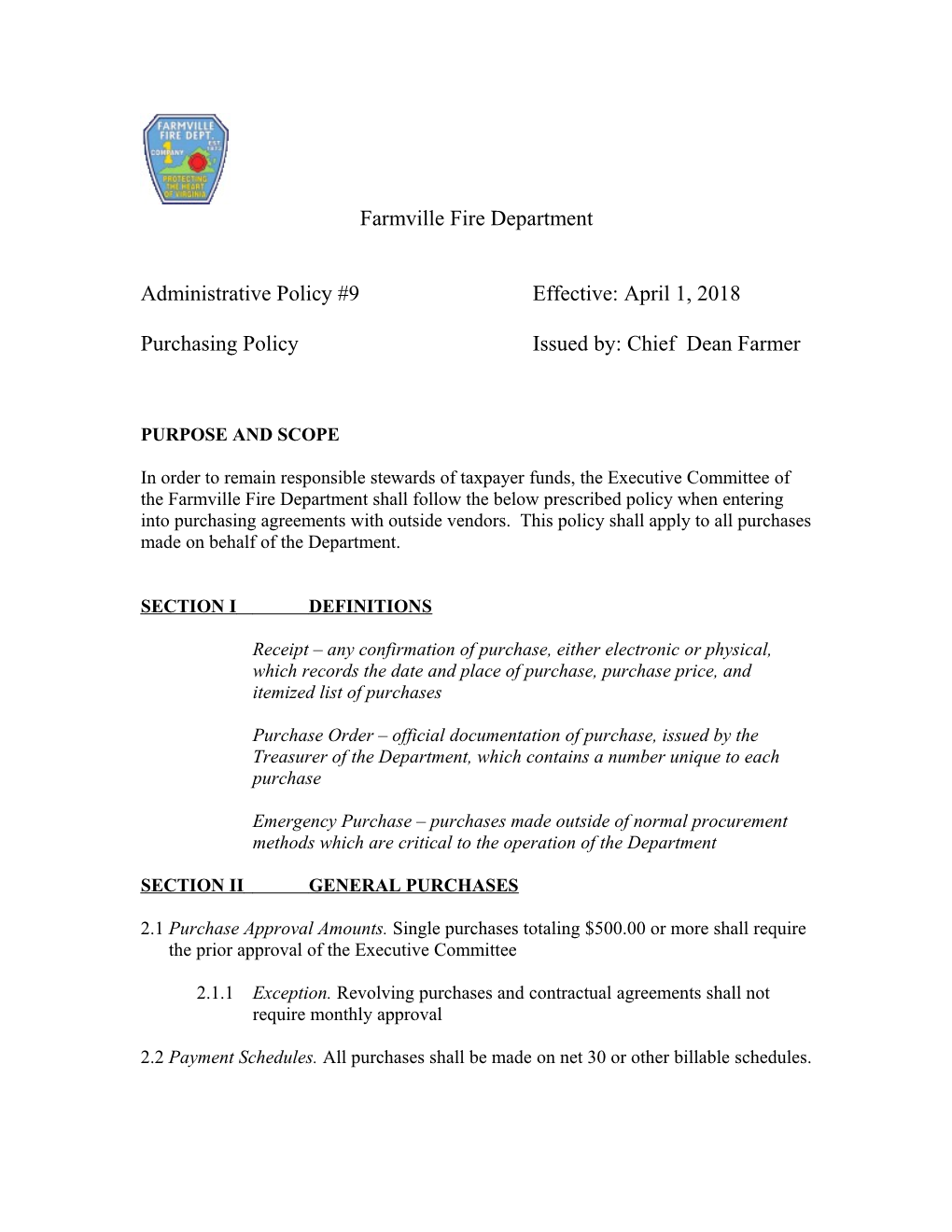 Proposed Fire Department Purchasing Policy