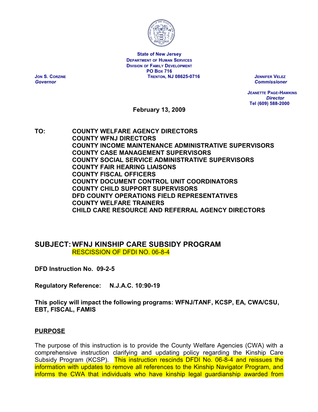 SUBJECT: WFNJ Kinship Care Subsidy Program