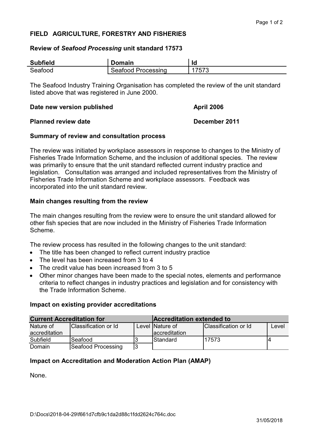 Review of Seafood Processing Unit Standard 17573