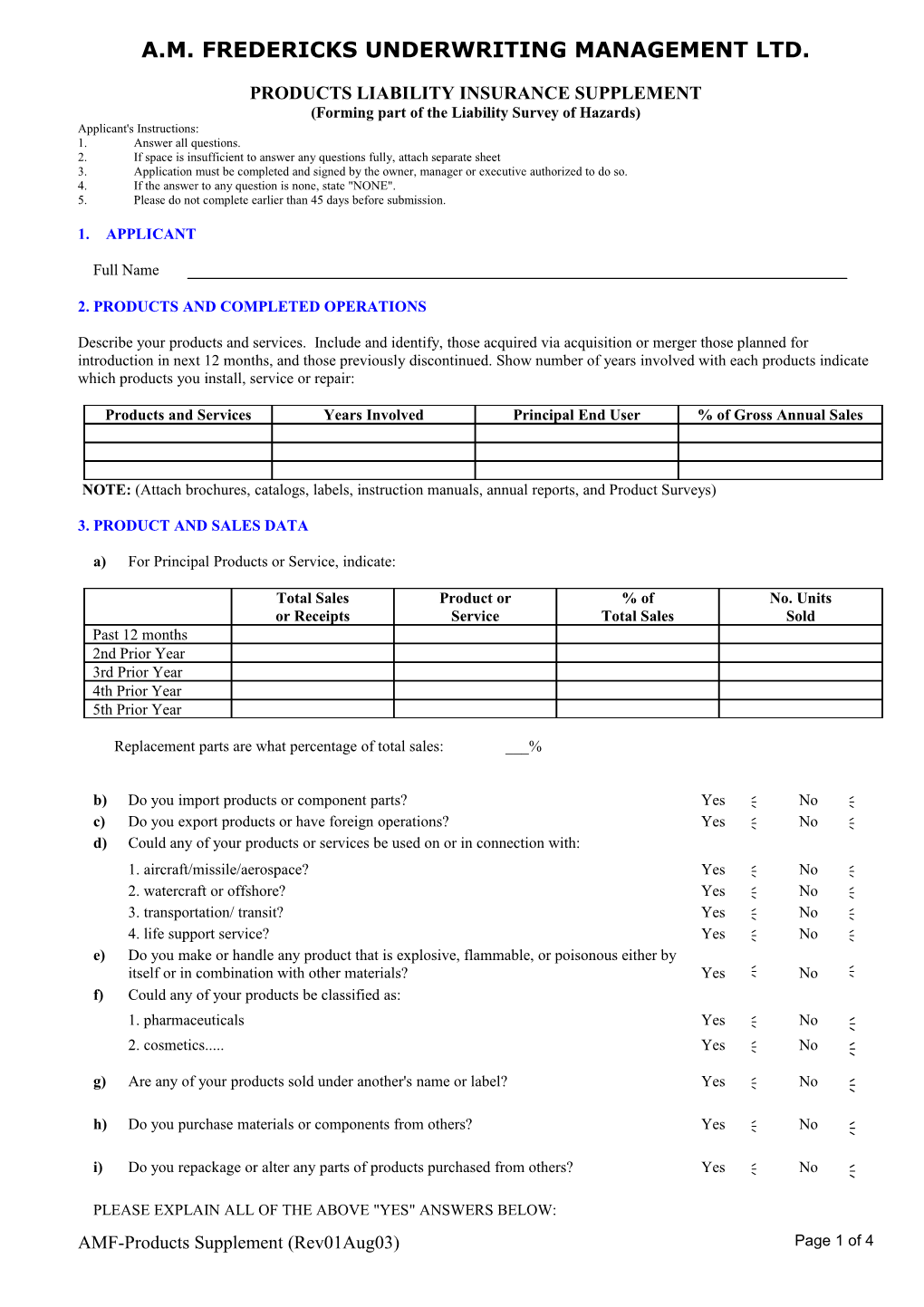 Products Liability Insurance Questionnaire
