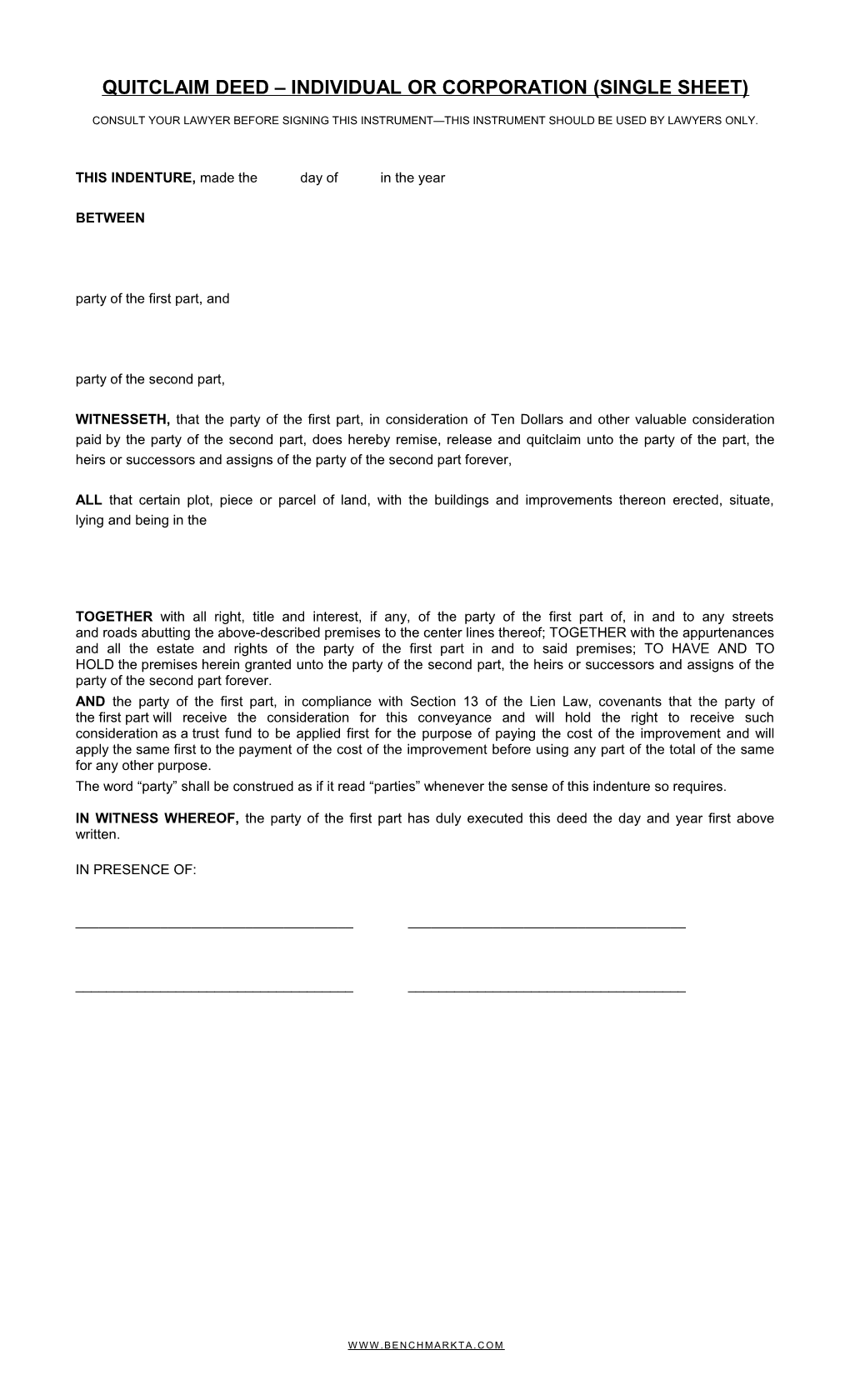 Quitclaim Deed Individual Or Corporation (Single Sheet) s1