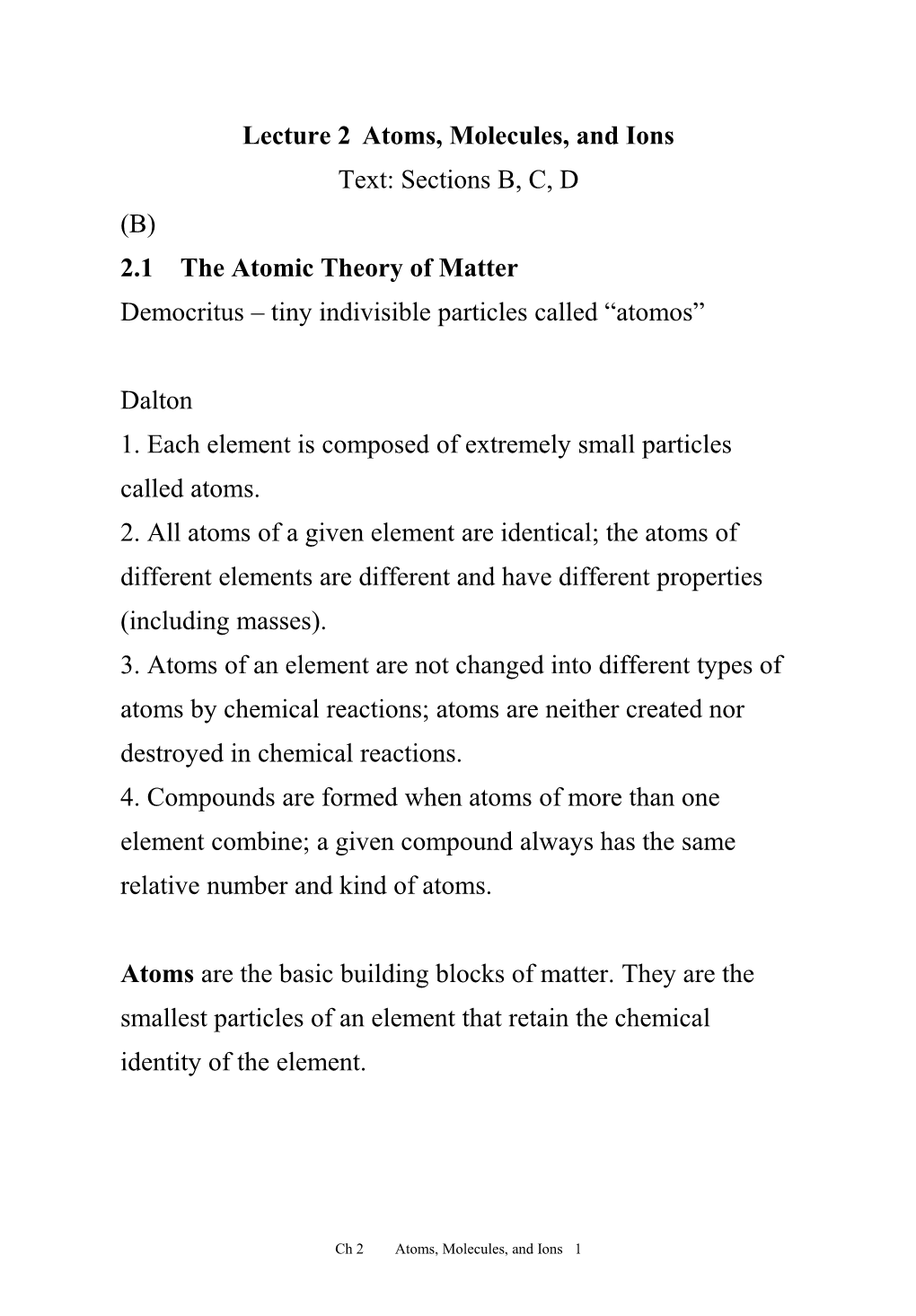 Lecture 2 Atoms, Molecules, and Ions