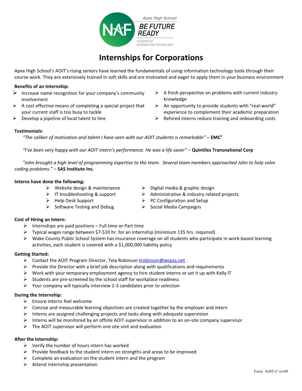 Internships for Corporations