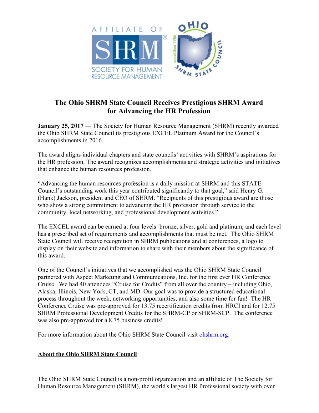 The Ohio SHRM State Council Receives Prestigious SHRM Award