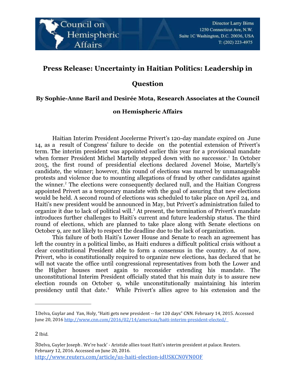 Press Release: Uncertainty in Haitian Politics: Leadership in Question