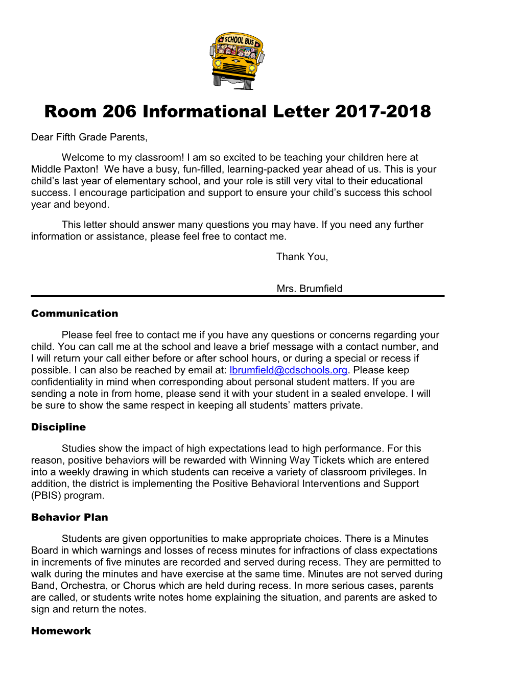 Room 208 Informational Letter