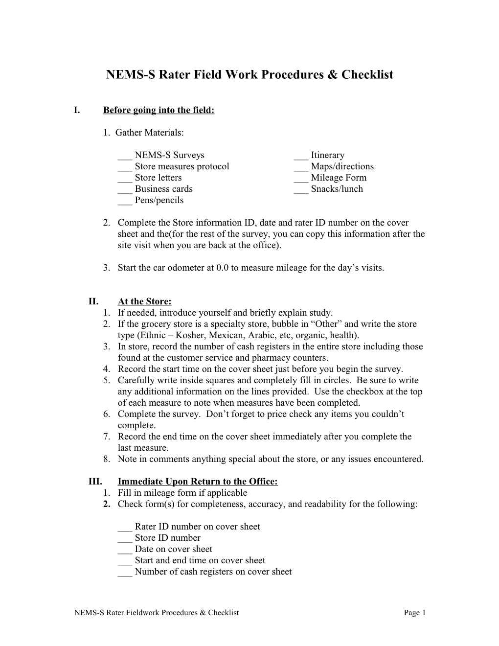 NEMS Rater Field Work Procedures & Checklist- STORES