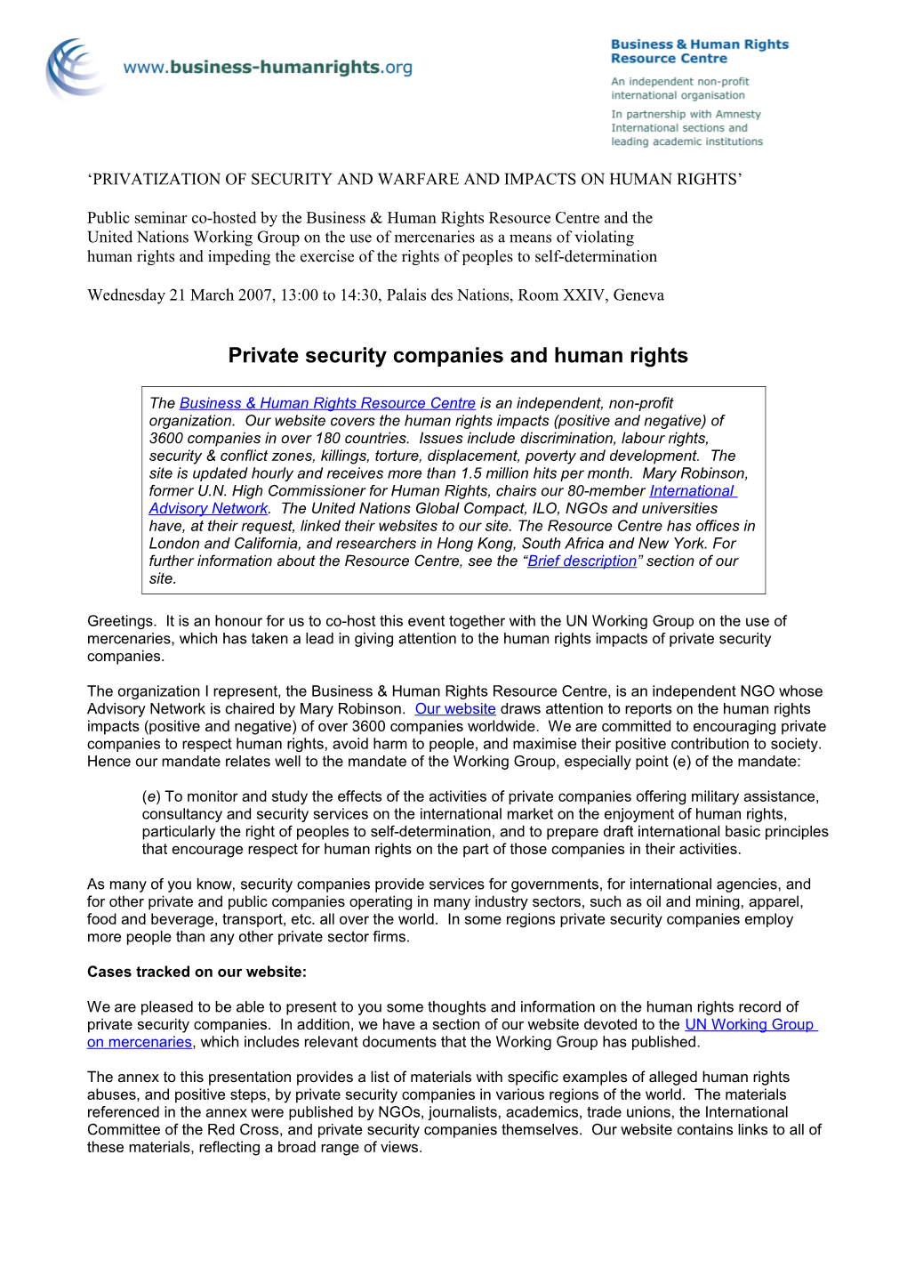 Privatization of Security and Warfare and Impacts on Human Rights