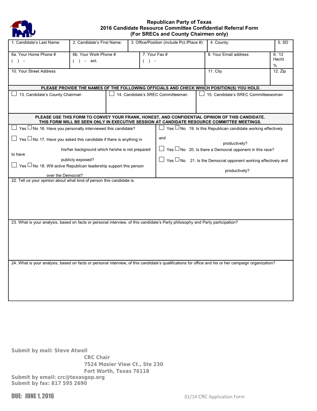 Form to Be Completed by SREC Or County Chair Only