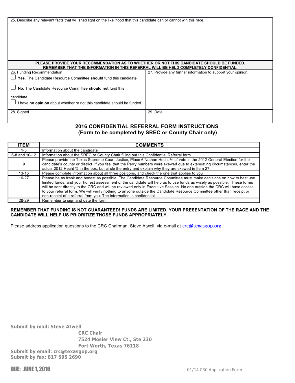Form to Be Completed by SREC Or County Chair Only