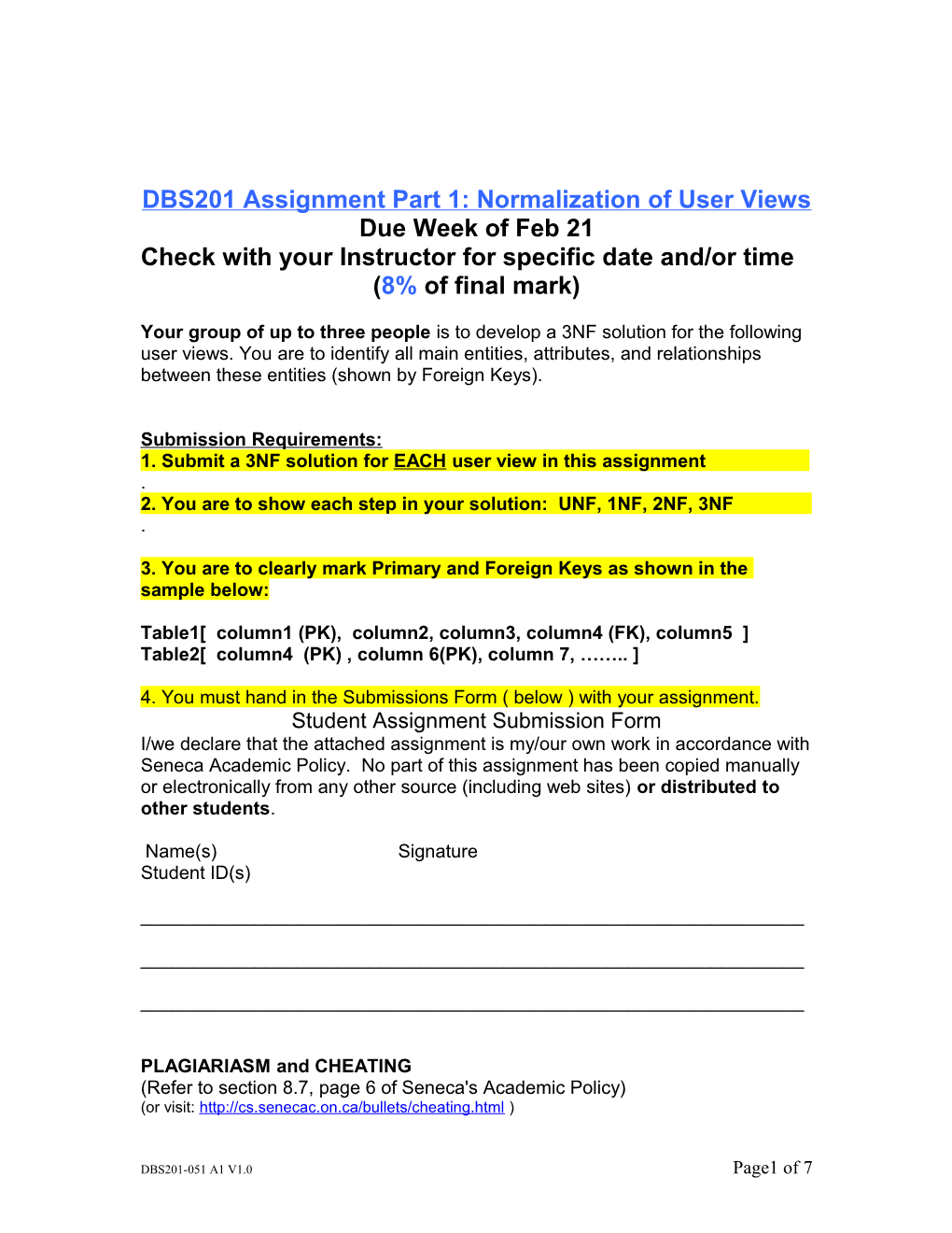 DBS201 Assignment Part 2: Normalization of Userviews