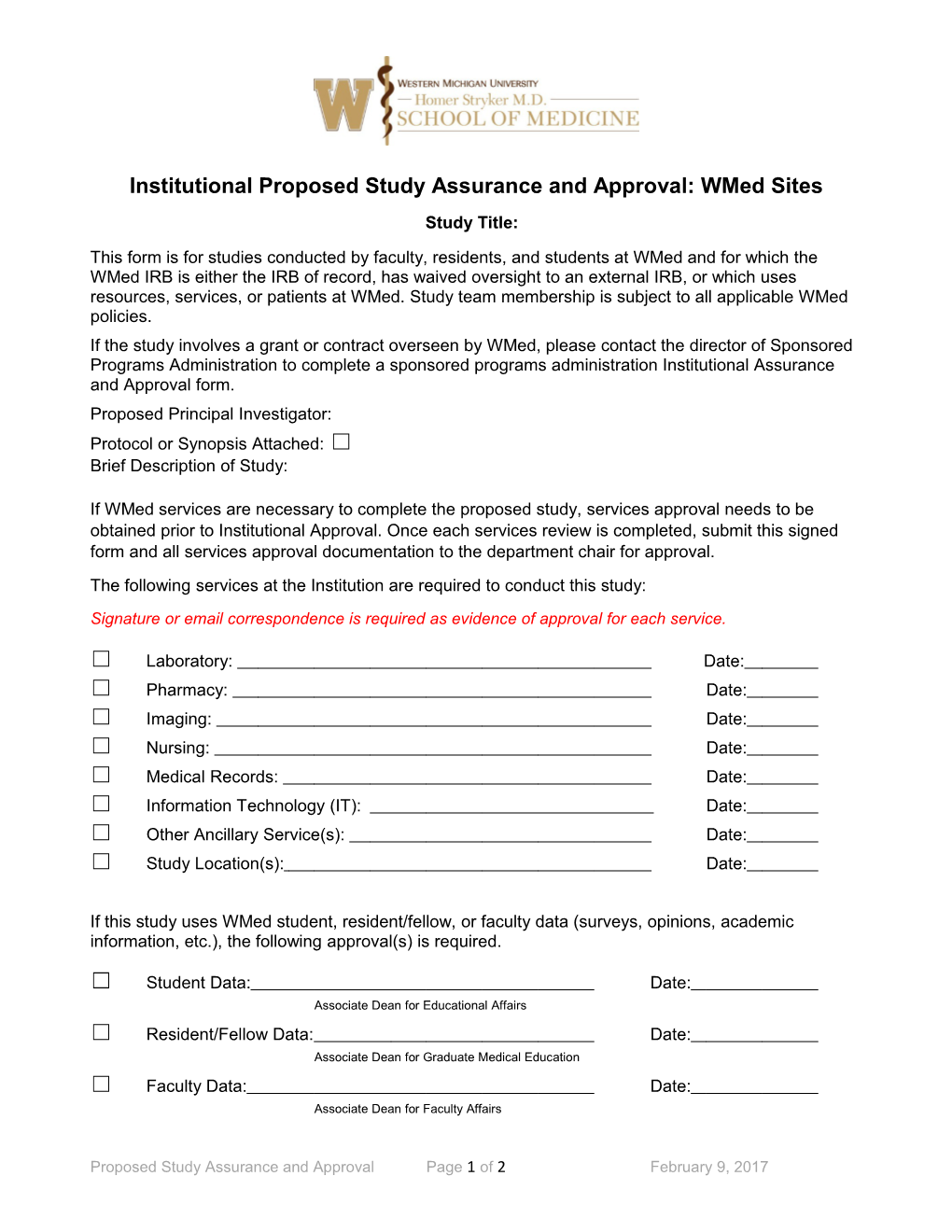 Institutional Proposed Study Assurance and Approval: Wmed Sites