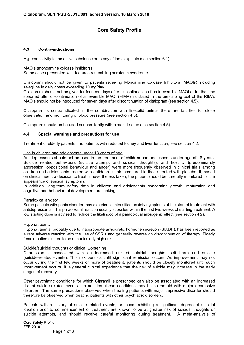 Citalopram, SE/H/PSUR/0015/001, Agreed Version, 10 March 2010
