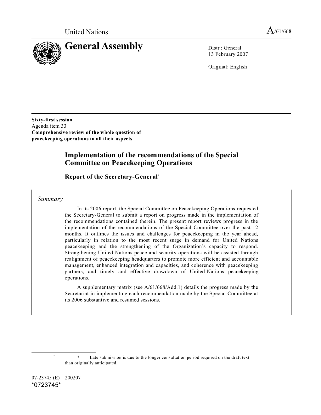 Implementation of the Recommendations of the Special Committee on Peacekeeping Operations
