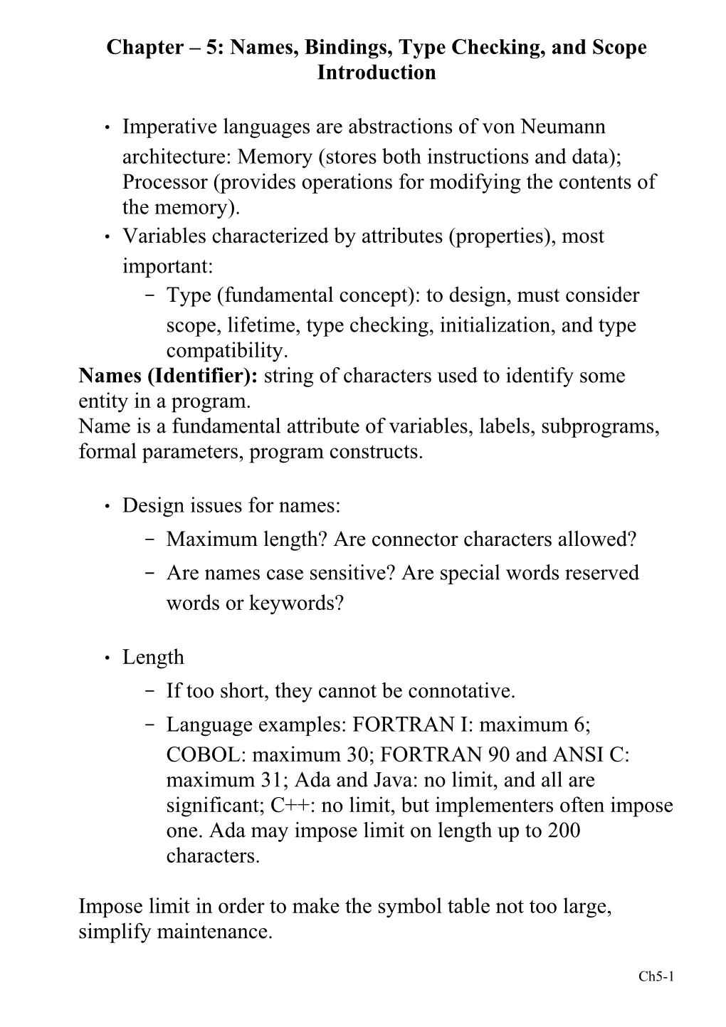 Chapter 5: Names, Bindings, Type Checking, and Scope