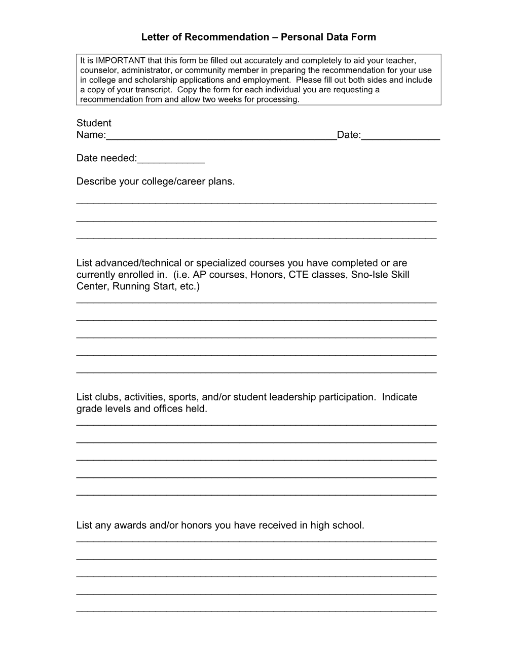 Letter of Recommendation Personal Data Form