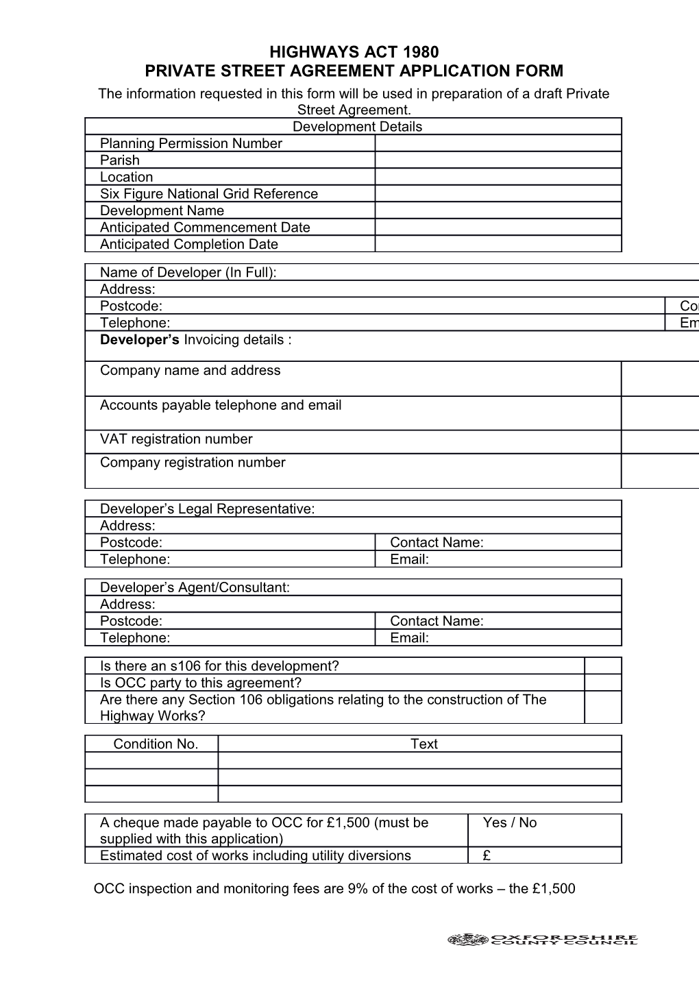 Private Street Agreement Application Form