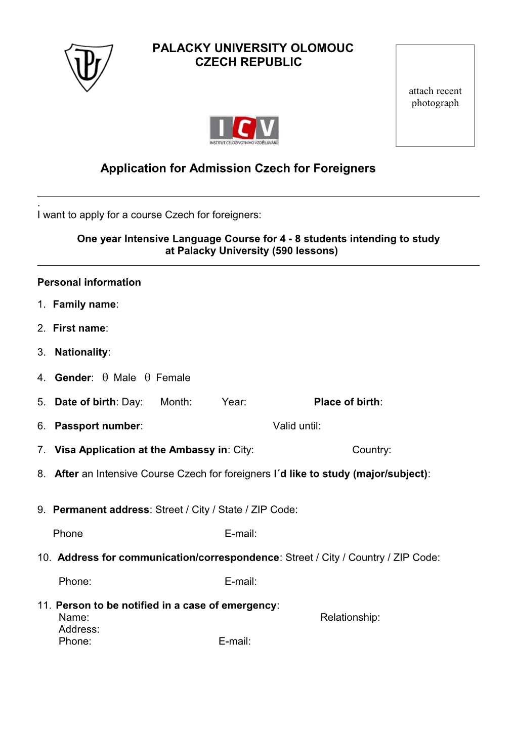 Application for Admission Czech for Foreigners