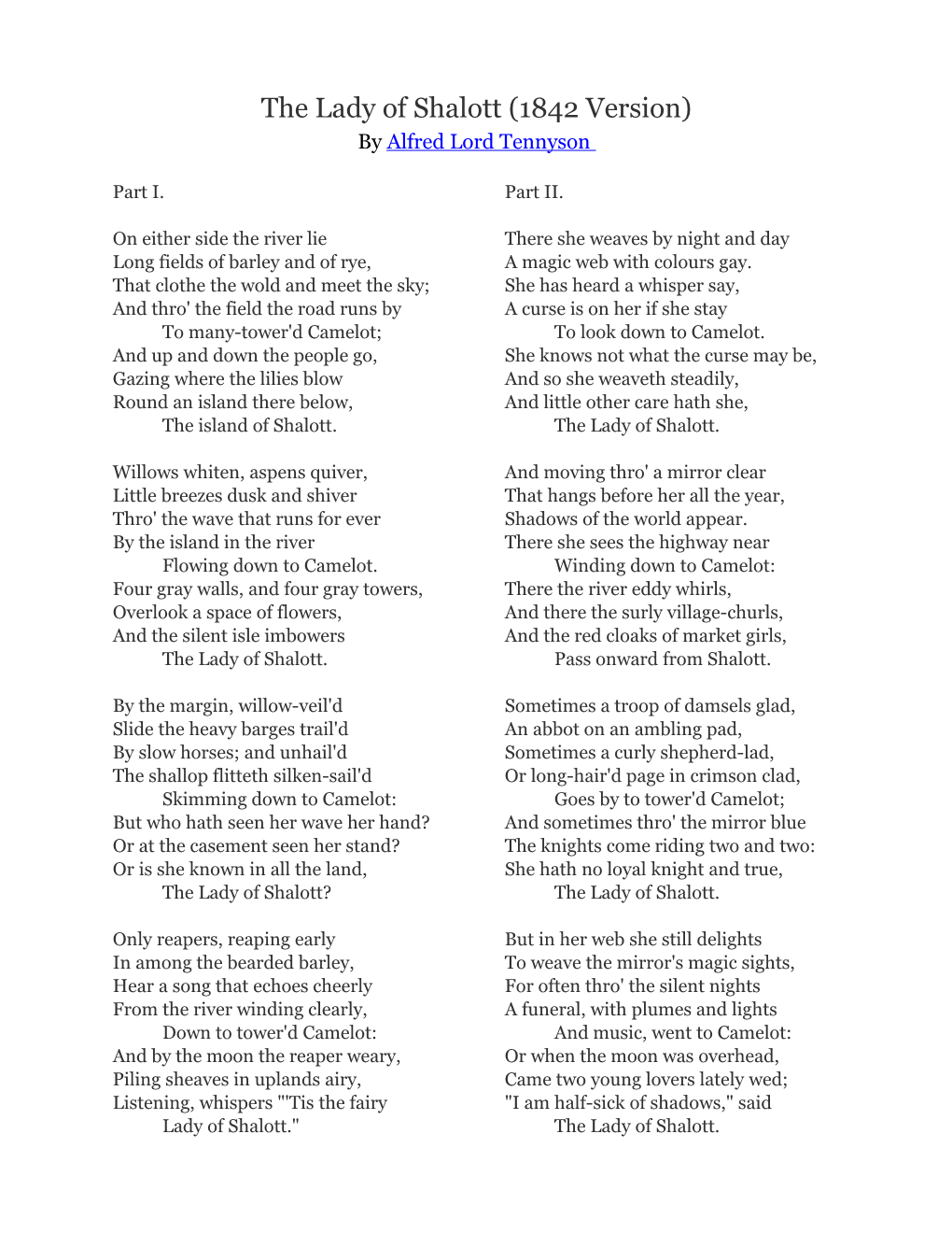 The Lady of Shalott (1842 Version)