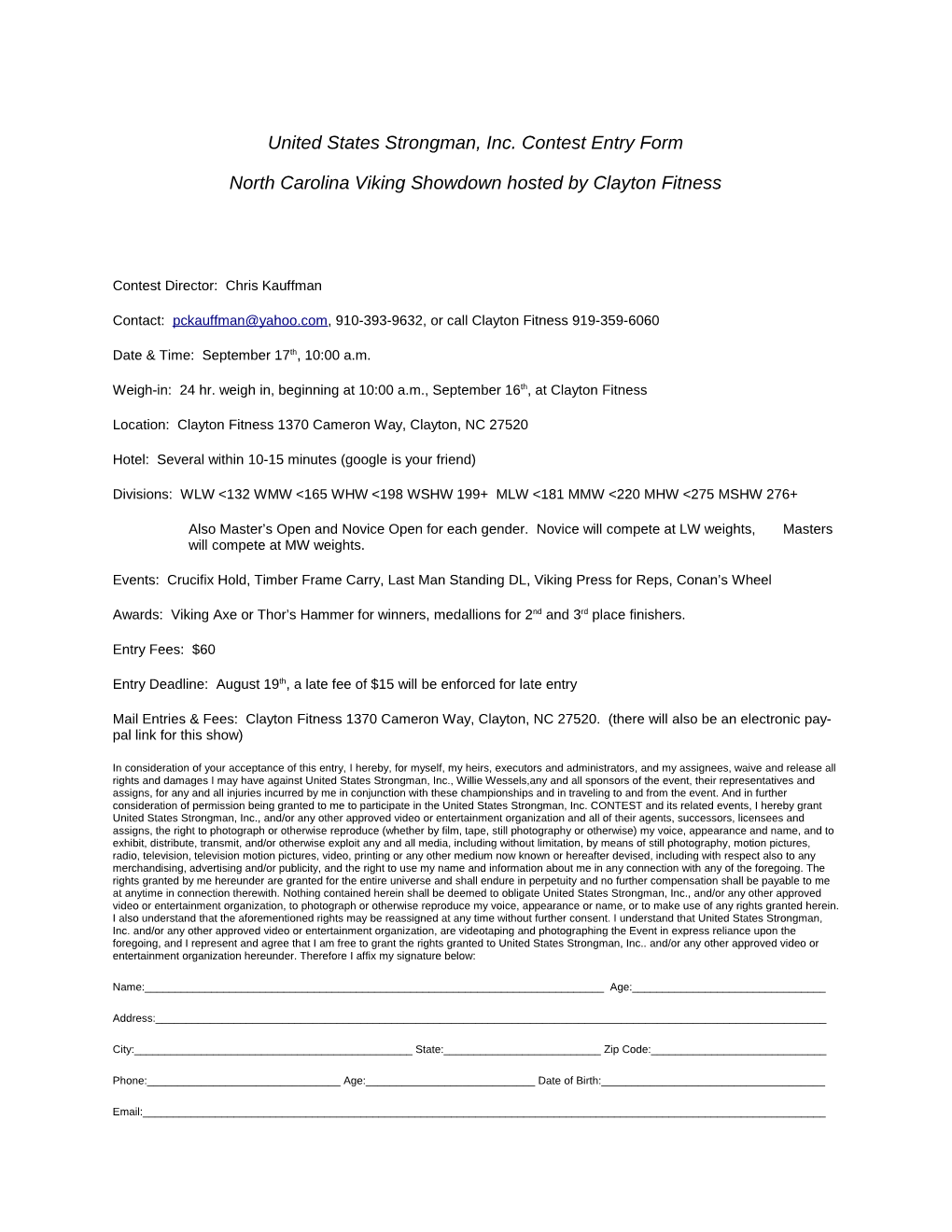 United States Strongman, Inc. Contest Entry Form
