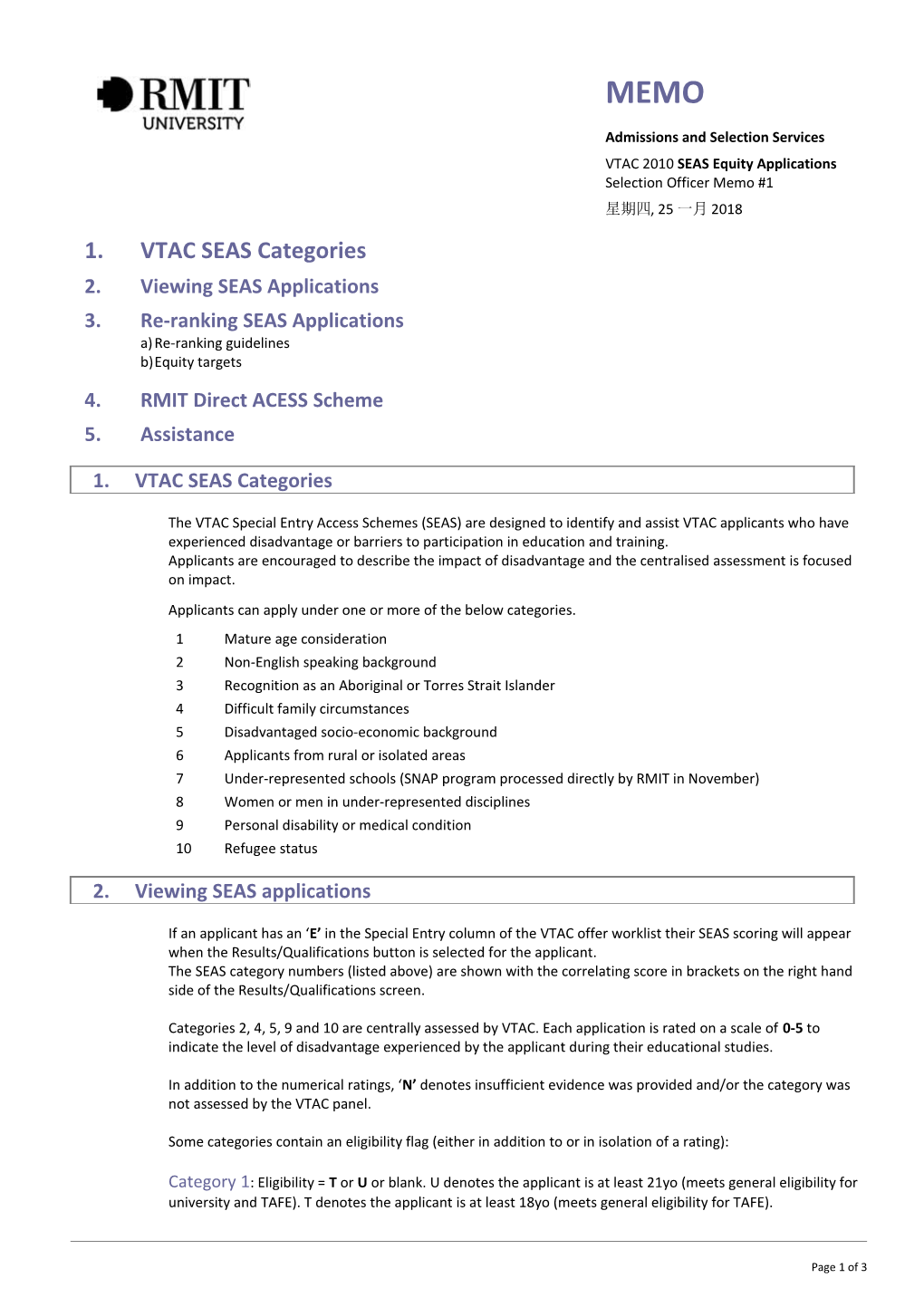 1. VTAC SEAS Categories