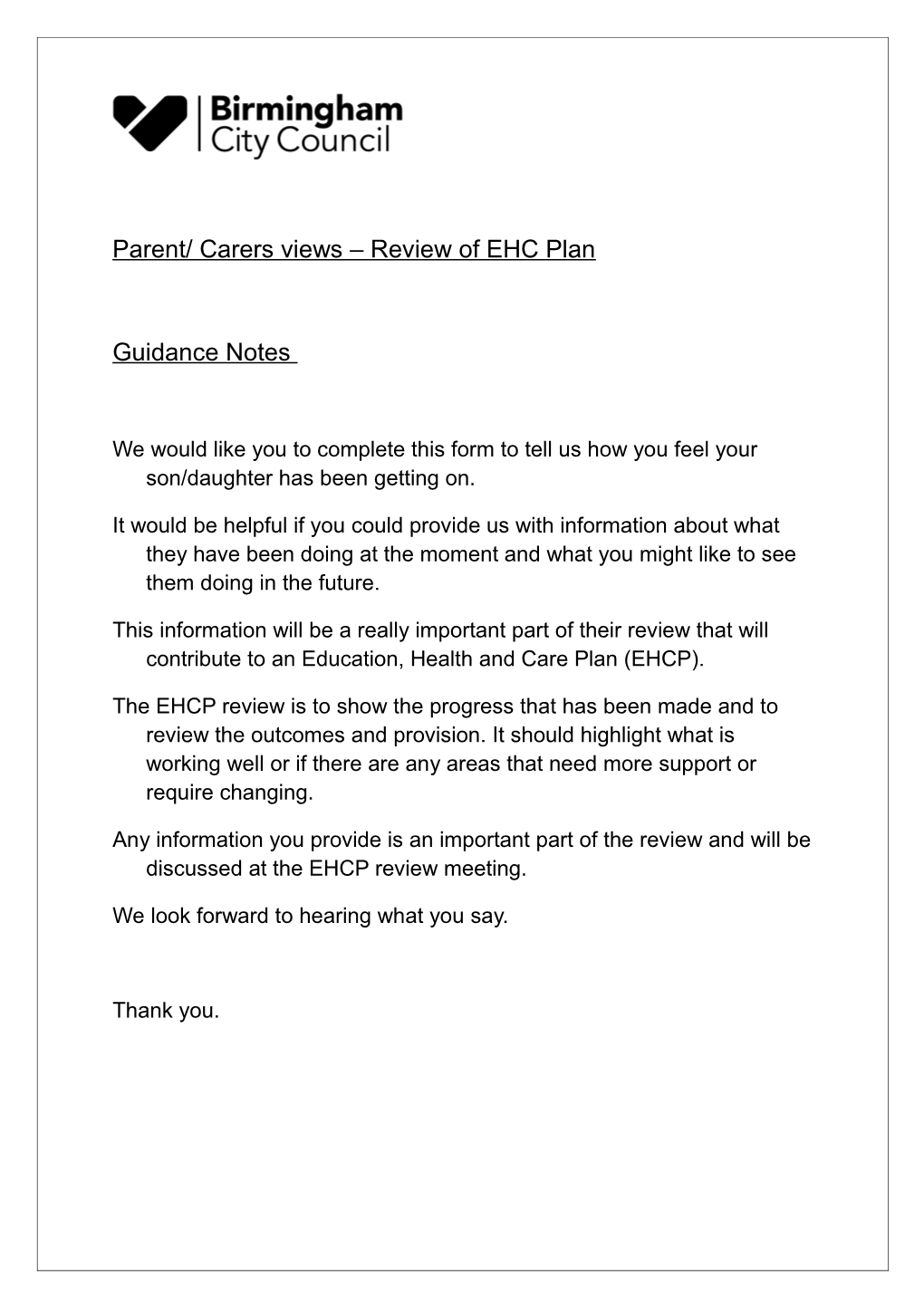 Parent/ Carers Views Review of EHC Plan
